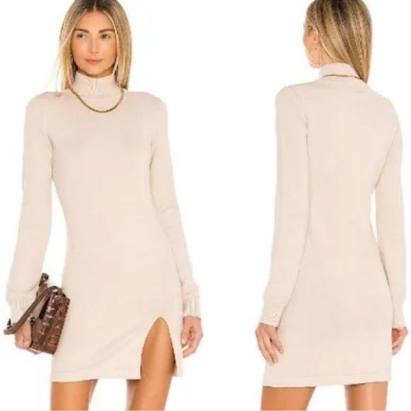 REVOLVE Lovers + Friends Tamarin Cream Turtleneck Side Slit Sweater Dress - Picture 1 of 14